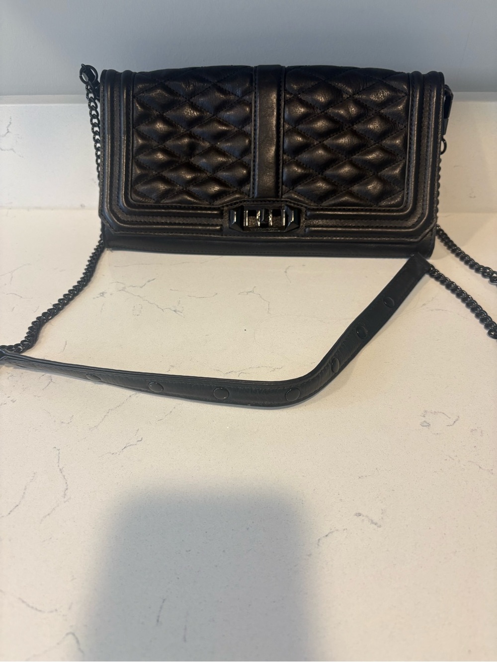 Quilted Black Leather Rebecca Minkoff Crossbody Bag with Chain Strap